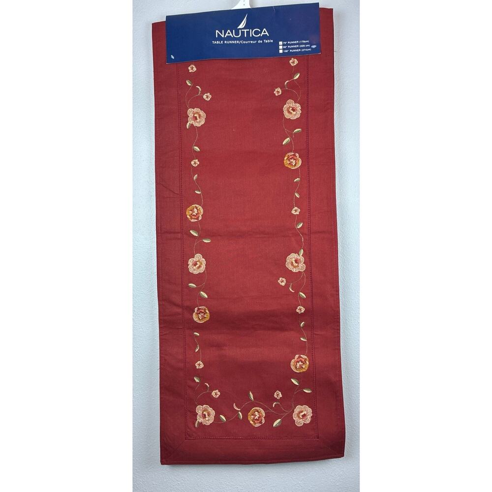 Nautica 70” Embroidered Savannah Spice 100% Ctn Floral Burgandy Table Runner